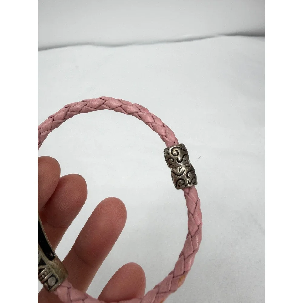 Pink Braided Woven Leather Bracelet Silver Plated Tube w/ Pink Crystals Boho OS